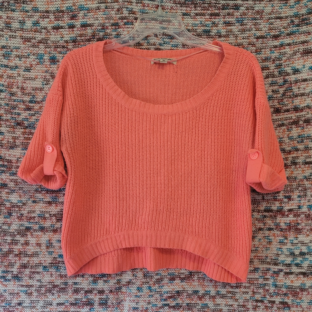 Poof Excellence Neon Coral Cropped Knit Sweater